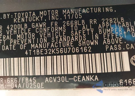 2006 Toyota Camry Le from USA, damaged, VIN 4T1BE32K56U706162